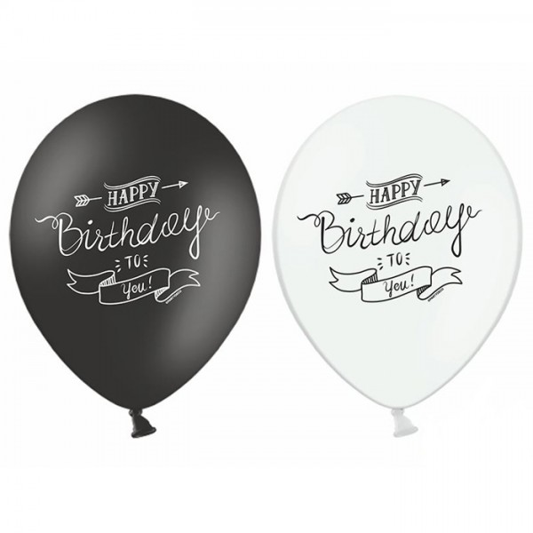 6 ballons happy birthday noir et blanc - Joyeux Anniversaire - Creative